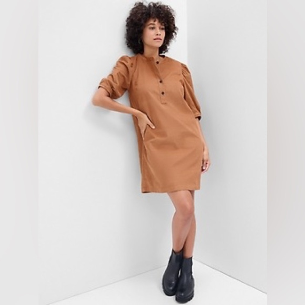 GAP Puff Sleeve Brown Corduroy Mini Dress Tan Fall Button Top Pockets Size M